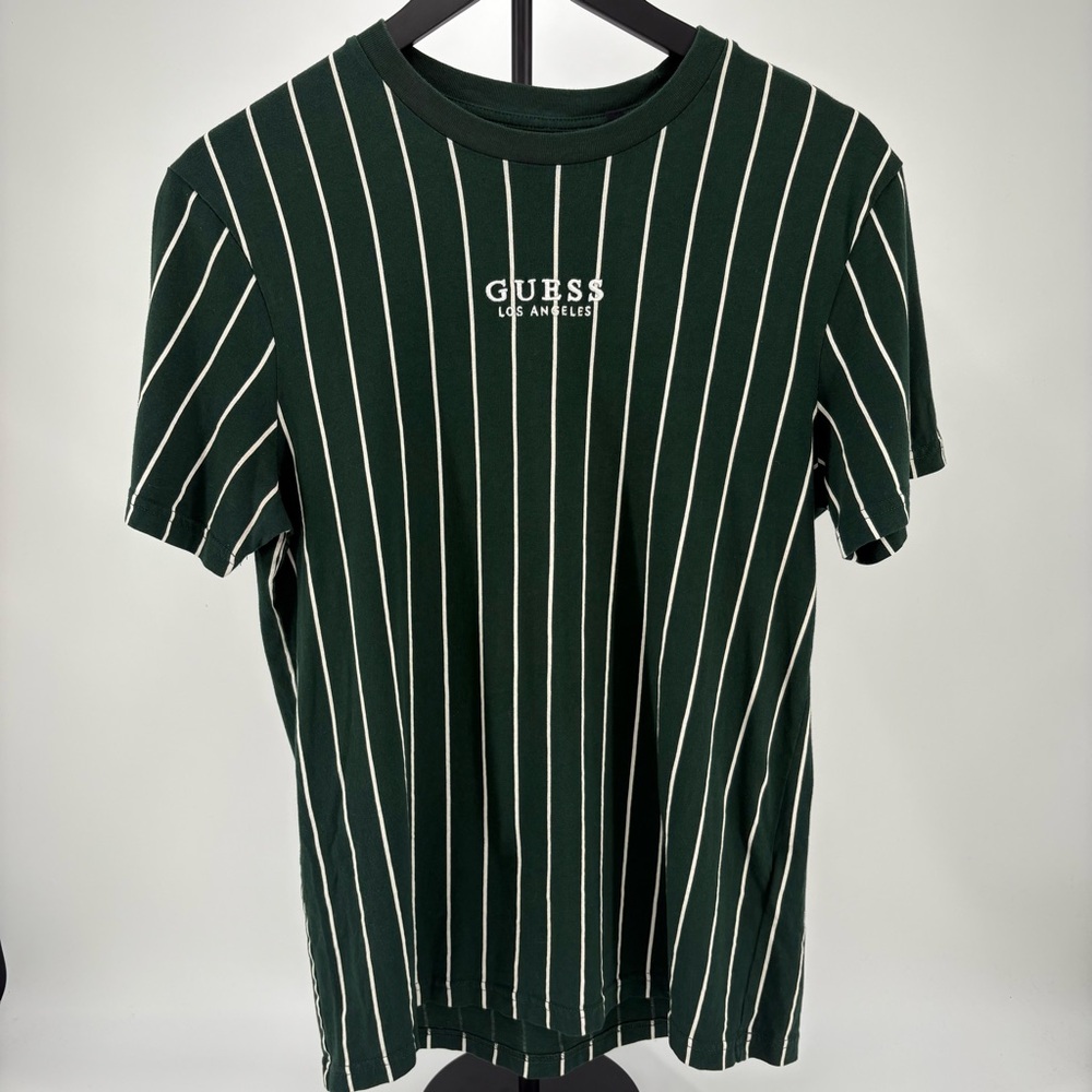 GUESS Dark Green and White Striped Tee Size Small Retro‎ 90s